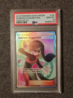 Pokemon Team Up Sabrina's Suggestion Full Art SM Holo Card 181/181 PSA10 - Image 1