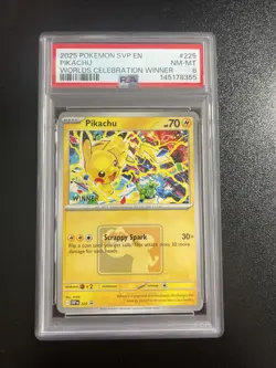 2025 Pokemon Pikachu Worlds Celebration Winner Black Star 225 PSA 8 - Image 1