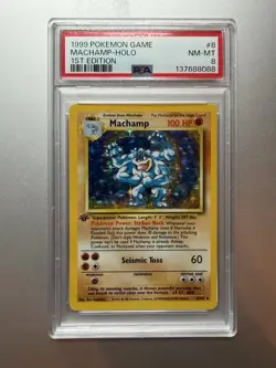1999 Pokemon TCG Machamp Holo Rare 1st Edition Base Set #8/102 PSA 8 - Image 1