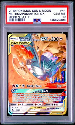 2019 POKEMON SUN & MOON HIDDEN FATES #44 MOLTRES & ZAPDOS & ARTICUNO GX PSA 10 - Image 1