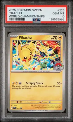 2025 POKEMON SVP EN-SV BLACK STAR PROMO WORLD CHAMPIONSHIPS #225 PIKACHU PSA 10 - Image 1