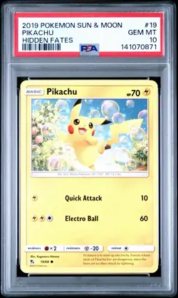 2019 POKEMON Pikachu 19 / 68 Sun & Moon Base Hidden Fates PSA 10 Gem Mint - Image 1