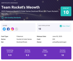AGS 10 Gem Mint Team Rockets Meowth 203/182 Destined Rivals IR Ai Graded Pokemon - Image 3