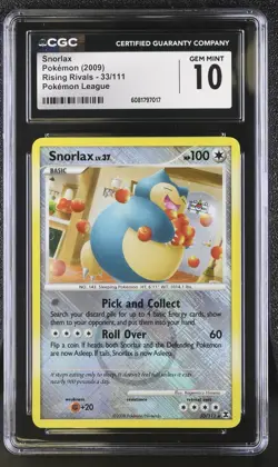 CGC 10 Pokemon Snorlax 33/111 2009 Rising Rivals Pokemon League Crosshatch - Image 1