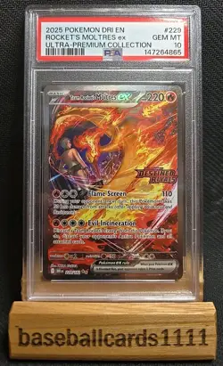 2025 Pokemon Destined Rivals EN Rocket’s Moltres Stamped UPC 229 PSA 10 P2 - Image 1