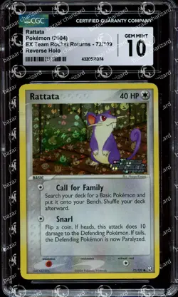 CGC 10 GEM MINT Rattata 72/109 EX Team Rocket Returns Reverse Holo Pokemon Card - Image 1