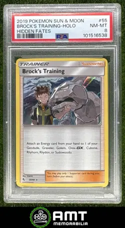 Brock's Training PSA 8 2019 Pokemon Sun & Moon Hidden Fates Holo #55/68 6538 - Image 1