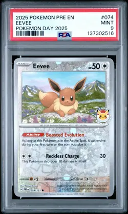2025 POKEMON PRE EN-PRISMATIC EVOLUTIONS POKEMON DAY 2025 #074 EEVEE PSA 9 - Image 1