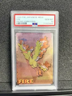 1999 Meiji Fire Moltres Promo Embossed Card PSA 10 (POP 11) - Image 1