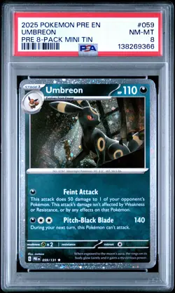 2025 POKEMON PRISMATIC EVOLUTIONS 8-PACK MINI TIN #059 UMBREON PSA 8 - Image 1