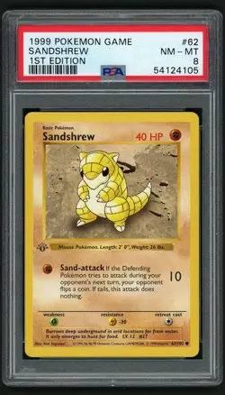 POKEMON GAME BASE SET 1999 SANDSHREW 1ST EDITION SHADOWLESS #62 PSA 8 - Image 1
