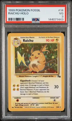 1999 POKEMON FOSSIL #14 RAICHU-HOLO PSA 3 - Image 1