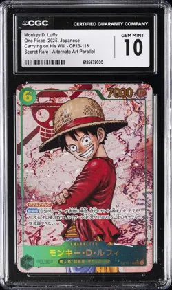 2025 ONE PIECE JPN CARRYING ON HIS WILL ALT ART #OP13-118 MONKEY D. LUFFY CGC 10 - Image 1