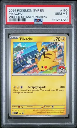2024 Pokemon SVP EN-SV Black Star Promo Pikachu #190 World Championships PSA 10 - Image 1