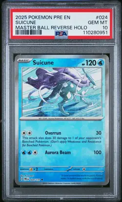 2025 POKEMON PRE EN-PRISMATIC EVOLUTIONS MASTER BALL REVERSE HOLO SUICUNE PSA 10 - Image 1