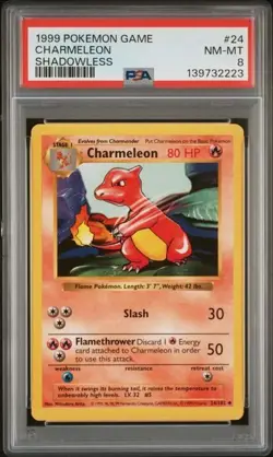 POKEMON GAME BASE SET CHARMELEON 1999 SHADOWLESS #24 PSA 8 - Image 1