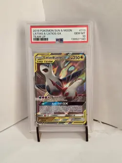 2019 POKEMON SUN & MOON TEAM UP #113 LATIAS & LATIOS GX PSA 10 - Image 1
