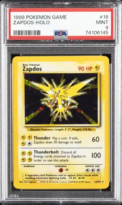 1999 POKEMON BASE SET UNLIMITED #16 ZAPDOS-HOLO PSA 9 - Image 1