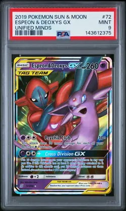 2019 POKEMON SUN & MOON UNIFIED MINDS #72 ESPEON & DEOXYS GX PSA 9 - Image 1