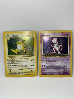 Pokemon Cards Base Set Lot Of 2 Holographic Raichu And Mewtwo HP Vintage - Image 1