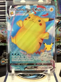 Pokemon Surfing Pikachu VMAX Ultra Rare Full Art Holo Celebrations 009/025 Card - Image 1