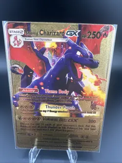 Shining Charizard GX Gold Foil Fan Art Vinyl Textured Collector Pokemon Card - Image 1