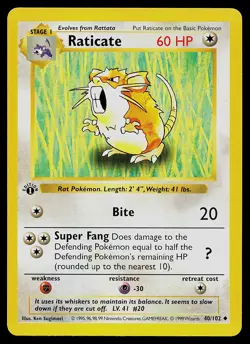Pokemon Card - Raticate 1st Edition Base Set Shadowless 40/102 - Image 1