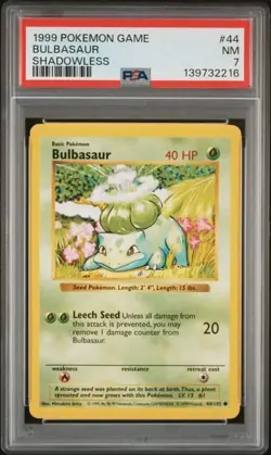 POKEMON GAME BASE SET BULBASAUR 1999 SHADOWLESS #44 PSA 7 - Image 1