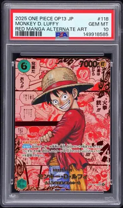 2025 ONE PIECE JAPANESE RED MANGA ALTERNATE ART OP13-118 MONKEY D. LUFFY PSA 10 - Image 1