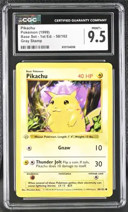 CGC 9.5 Pikachu Base Set Shadowless 1st Edition 58/102 Gray Stamp Pokemon Card - Image 1