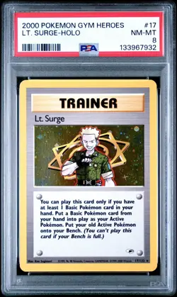 1999 Pokemon TCG Gym Heroes Lieutenant Surge Holo #17 PSA 8 Near Mint - Image 1