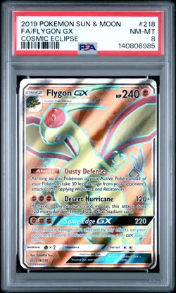2019 POKEMON SUN & MOON COSMIC ECLIPSE #218 FULL ART/FLYGON GX PSA 8 - Image 1