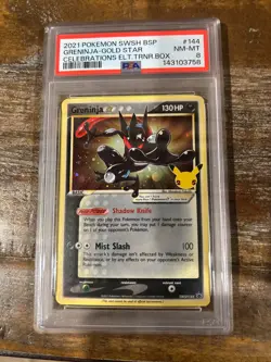 POKEMON 2021 Celebrations ETB 3 GRENINJA Gold Star Promo #144 PSA 8 - Image 1