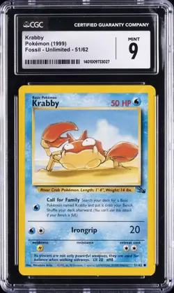 1999 POKEMON FOSSIL UNLIMITED #51/62 KRABBY CGC 9 - Image 1