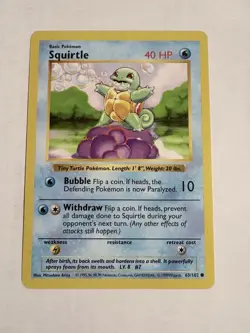 Squirtle 63/102 Shadowless Base Set 1999 Vintage Pokemon TCG Card - NM - Image 1
