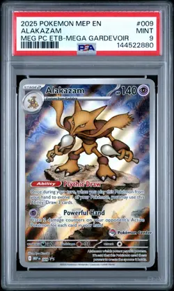2025 POKEMON MEGA EVOLUTION POKEMON CENTER ETB PROMO #009 ALAKAZAM PSA 9 - Image 1