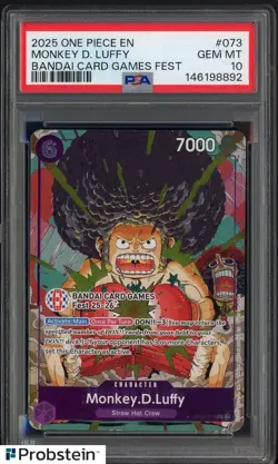2025 One Piece EN Bandai Card Game Fest #073 Monkey D Luffy PSA 10 GEM MINT - Image 1