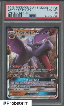 2019 Pokemon Sun & Moon Unified Minds #106 Aerodactyl Gx PSA 10 GEM MINT - Image 1