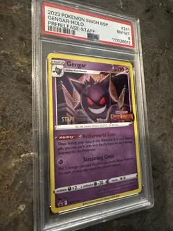 Super Rare 2023 POKEMON SWSH BLACK STAR PROMO PRERELEASE-STAFF #241 GENGAR PSA 8 - Image 2