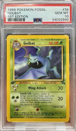 1999 POKEMON FOSSIL 1ST ED #34 GOLBAT PSA 10 - Image 1