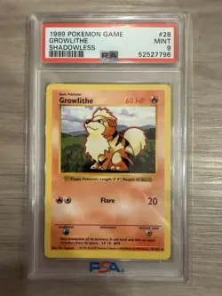 1999 Pokemon Shadowless Growlithe PSA 9 Mint #28 Base Set - Image 1