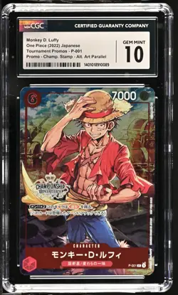 CGC 10 GEM MINT Japanese One Piece 2022 Monkey D. Luffy P-001 Championship Stamp - Image 1