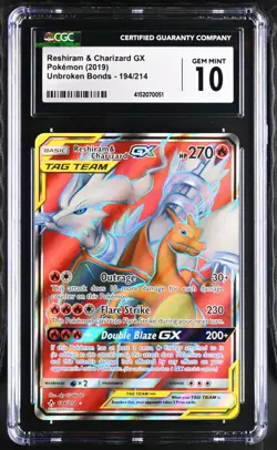 Pokemon 2019 Reshiram & Charizard GX UR Holo Unbroken Bonds 194/214 CGC 10 - Image 1
