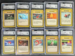 Lot (10) 1999 Pokemon Assorted CGC Graded Trainer Cards w/ Pokemon Flute - Image 1