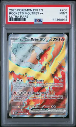 2025 Pokemon Destined Rivals 208 Team Rocket's Moltres EX Ultra Rare PSA 9 Mint - Image 1