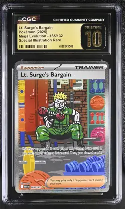 Pokemon 2025 Lt. Surge's Bargain SIR Mega Evolution #185 CGC PRISTINE 10 - Image 1