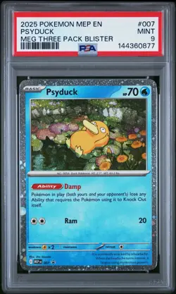 2025 POKEMON MEP MEGA EVOLUTION THREE PACK BLISTER #007 PSYDUCK PSA 9 MINT HOLO - Image 1