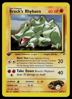 Pokemon Card - Brock's Rhyhorn 1st Edition Gym Heroes 22/132 Rare - Image 1