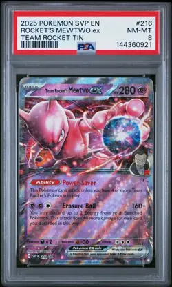 2025 Pokemon SVP TIN Promo #216 Team Rocket's Mewtwo EX Rare PSA 8 Mint Holo - Image 1