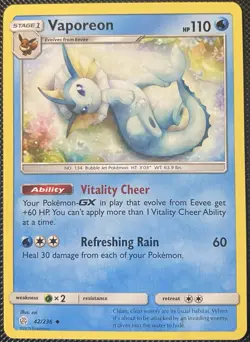 Vaporeon 42/236 Sm-Cosmic Eclipse Regular (See Photos) Pokemon Card - Image 1